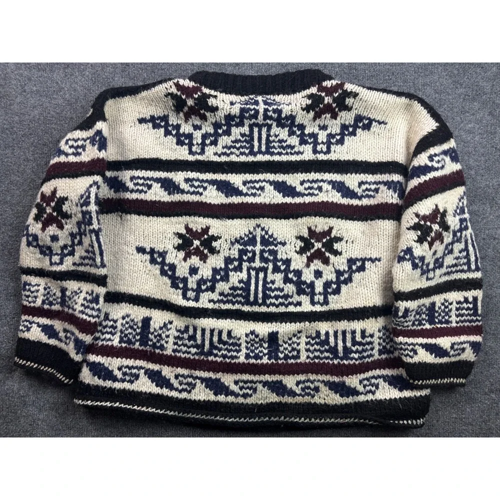 Rey Wear Wool Sweater Mens XL Cream Blue Hand Made Ecuador Geometric Knit 65440